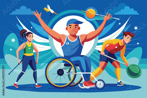 A man in a wheelchair surrounded by a group of individuals in a social setting, Paralympic athletics Customizable Disproportionate Illustration