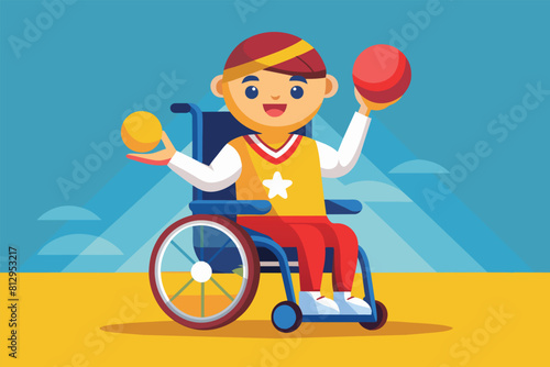 A man in a wheelchair is actively playing with a ball, Paralympic boccia Customizable Cartoon Illustration