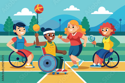 A group of people in wheelchairs engaged in a tennis game on the court, Paralympic boccia Customizable Disproportionate Illustration