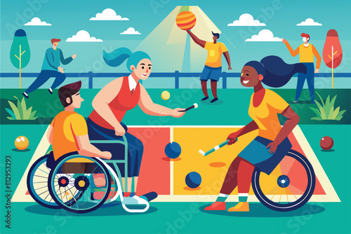 A group of individuals engaged in a game of tennis on a court, hitting a ball back and forth with rackets, Paralympic boccia Customizable Flat Illustration