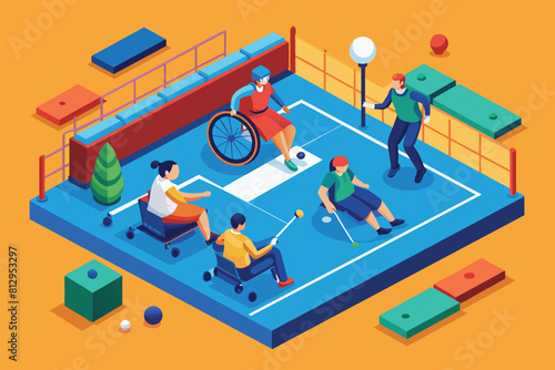 A group of people engaged in a game of tennis on a court, with rackets swinging and a ball in motion, Paralympic boccia Customizable Isometric Illustration