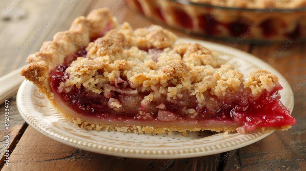 Scrumptious cherry crumble pie slice presented on an ornate plate, with a whole pie in the backdrop Scrumptious cherry crumble pie slice presented on an ornate plate, with a whole pie in the backdrop