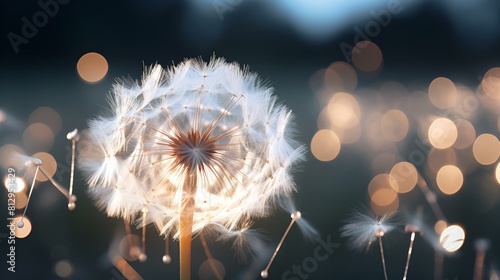 A dandelion blowing in the wind, its delicate seeds floating away photo