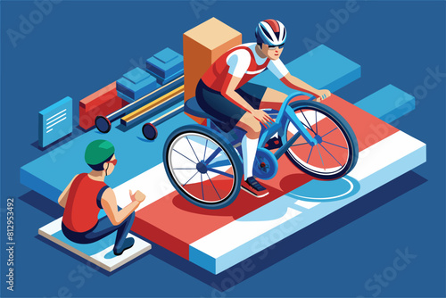 A man is riding a bike on top of a red and white floor, Paralympic cycling Customizable Isometric Illustration