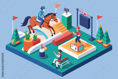 A person in paralympic equestrian gear riding a horse on a book, showcasing a unique and imaginative scene, Paralympic equestrian Customizable Isometric Illustration