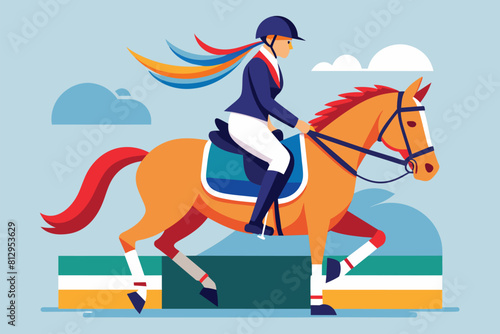 A woman confidently rides on the back of a brown horse, Paralympic equestrian Customizable Semi Flat Illustration