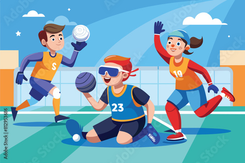 Multiple individuals engaged in a game of volleyball, hitting the ball over a net on a sandy court, Paralympic goalball Customizable Cartoon Illustration
