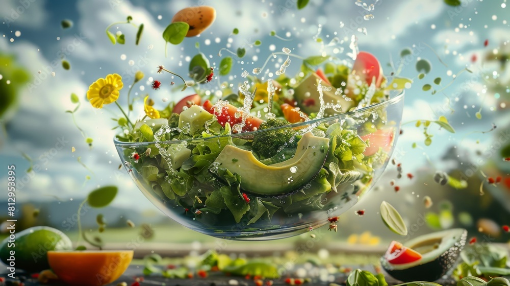 A bowl of salad with a splash of water and a flower in the bowl A bowl of salad with a splash of water and a flower in the bowl