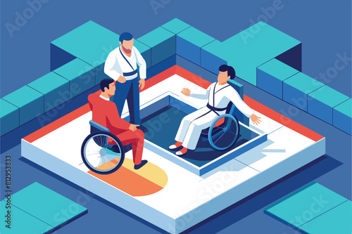 Two men in wheelchairs with one pushing the other along a path, Paralympic judo Customizable Isometric Illustration