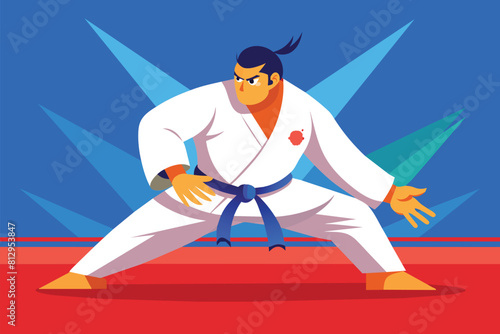 A cartoon man is shown in a karate stance, ready for action, Paralympic judo Customizable Semi Flat Illustration