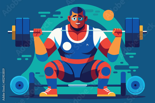 A man is squatting while holding a barbell in his hands, Paralympic powerlifting Customizable Disproportionate Illustration