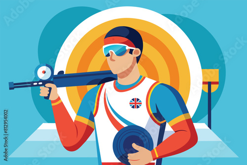 A man holding a rifle and wearing a hat outdoors, Paralympic shooting Customizable Disproportionate Illustration