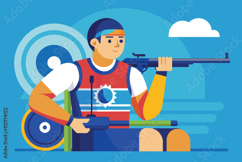 A man holding a rifle in his hand, standing in a shooting position, Paralympic shooting Customizable Disproportionate Illustration