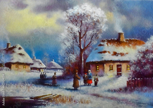 Watercolor paintings rural landscape, fine art, artwork, winter landscape with houses