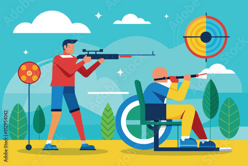 A man in a wheelchair is aiming a gun at a target held by another man in this paralympic shooting scene, Paralympic shooting Customizable Flat Illustration