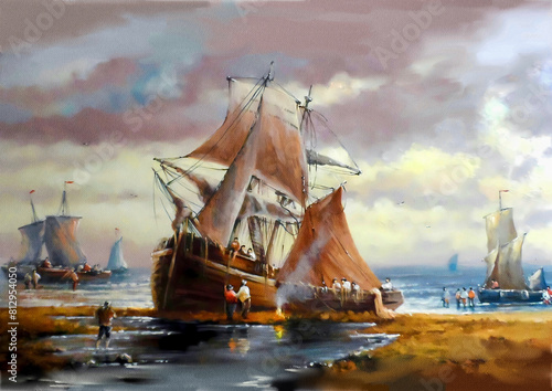 Ship in the sea. Fishing boats and ships on the shore, fishermen making repairs. Watercolor paintings sea landscape