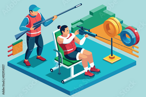 A man is aiming and firing a gun at another man in a tense confrontation, Paralympic shooting Customizable Isometric Illustration