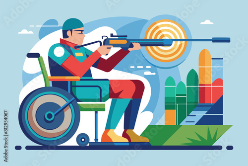 A man in a wheelchair is aiming and shooting at a target in a shooting range, Paralympic shooting Customizable Semi Flat Illustration