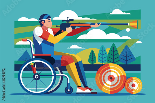A man in a wheelchair aiming and firing a rifle in a shooting range, Paralympic shooting Customizable Semi Flat Illustration