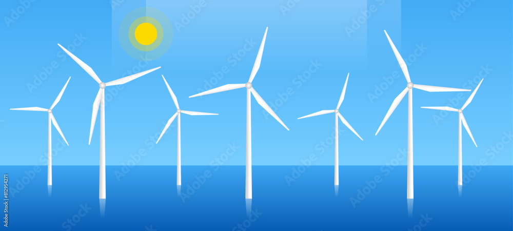 wind turbines in the ocean windmill farm clean renewable energy vector illustration wind turbines in the ocean windmill farm clean renewable energy vector illustration
