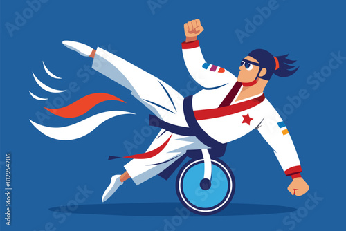 A man is riding a bike with a rocket soaring through the air, Paralympic taekwondo Customizable Disproportionate Illustration