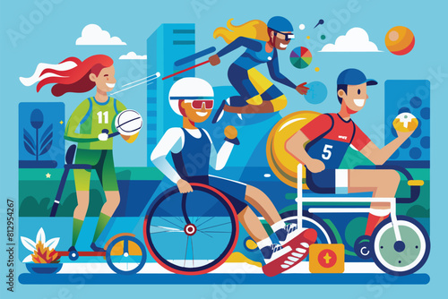 Several individuals riding together on a single bike in a paralympic triathlon event, Paralympic triathlon Customizable Disproportionate Illustration