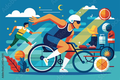 A man riding a bike among other people on a bustling city street, Paralympic triathlon Customizable Disproportionate Illustration