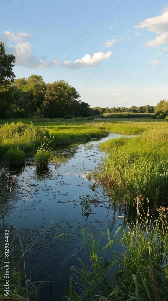 A river with a green grassy bank A river with a green grassy bank
