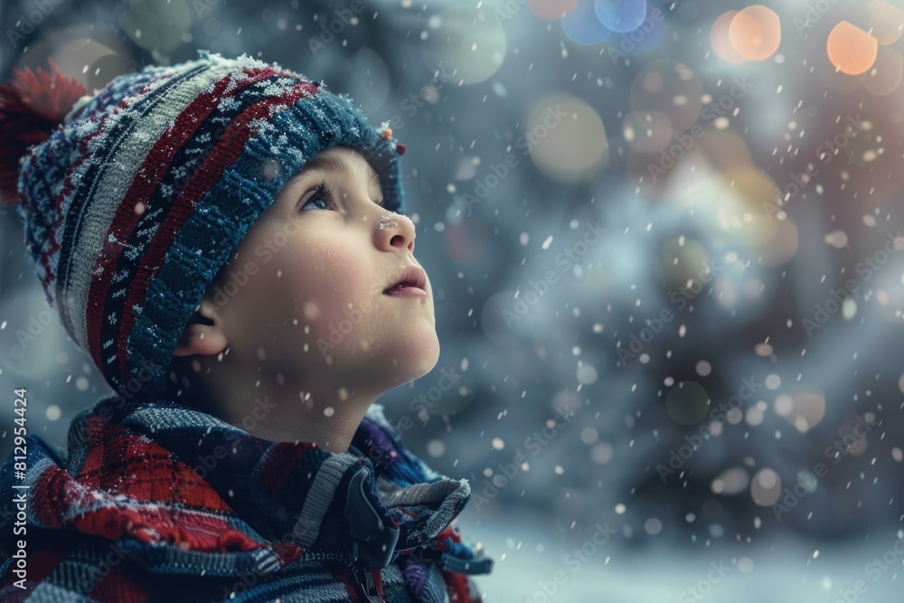 Young child in winter attire gazing up at snowflakes against a bokeh light background Young child in winter attire gazing up at snowflakes against a bokeh light background