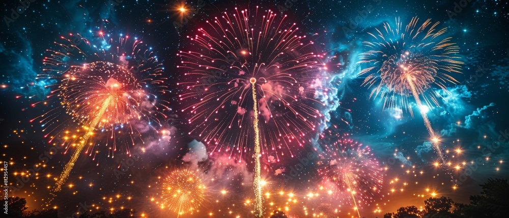 Fototapeta premium A fireworks display with a blue sky background