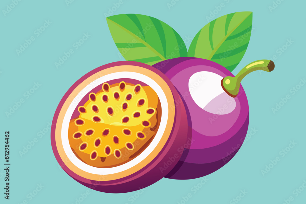 Close-up of a passion fruit with a vibrant green leaf on top, Passion fruit Customizable Flat Illustration Close-up of a passion fruit with a vibrant green leaf on top, Passion fruit Customizable Flat Illustration