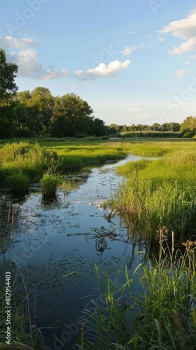 A river with a green grassy bank