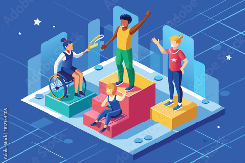 Several individuals stand together on a raised platform, likely celebrating a shared achievement or victory, Paralympic winners podium Customizable Isometric Illustration