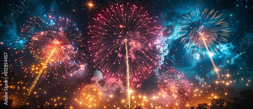 A fireworks display with a blue sky background