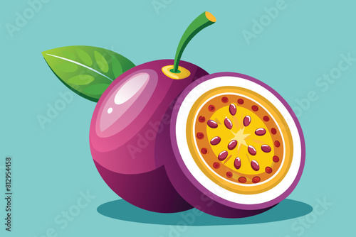 A passion fruit with a green leaf resting on top of it, Passion fruit Customizable Disproportionate Illustration