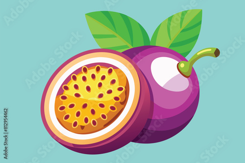 Close-up of a passion fruit with a vibrant green leaf on top, Passion fruit Customizable Flat Illustration