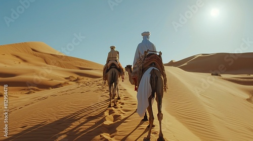 Arabic man with camels in the desert of Dubai  United Arab Emirates.