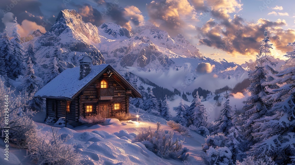 photo of A cozy mountain chalet during a snowy winter. Winter Wonderland: Snow-Covered Chalets in Mountainous Landscape. Idyllic winter scene with snow-covered chalets surrounded by mountains