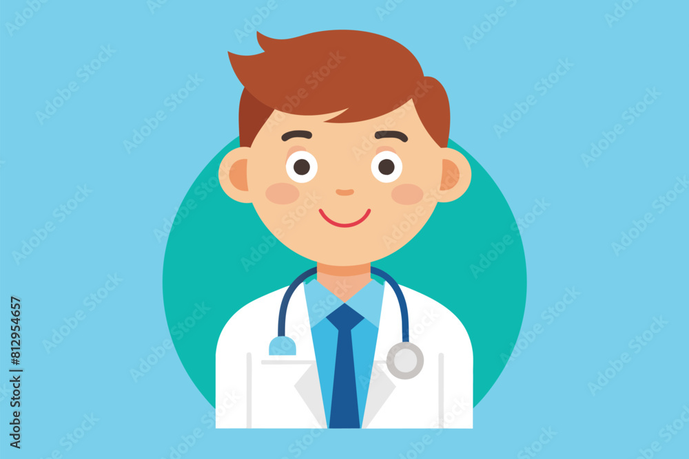 A man wearing a doctors coat stands with a stethoscope around his neck, ready to provide medical care, Pediatrician Customizable Semi Flat Illustration