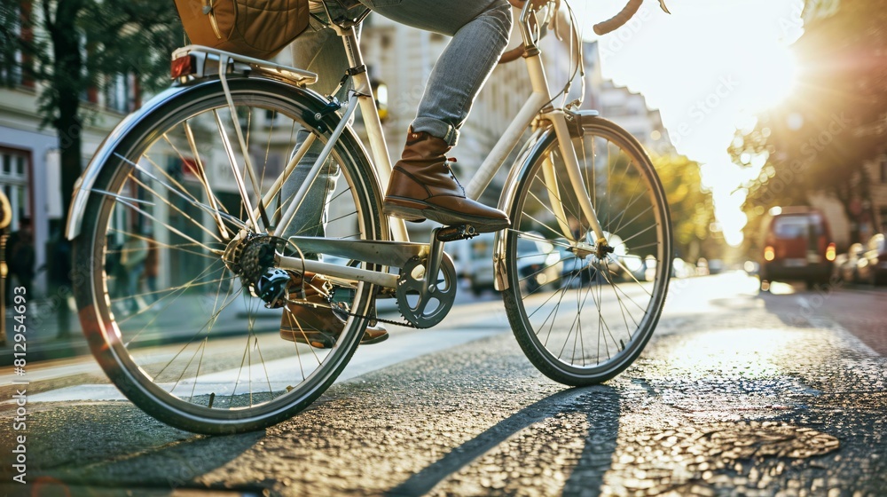 Young man riding a bicycle in the city at sunset, toned, Copy space.
