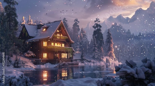 photo of A cozy mountain chalet during a snowy winter. Winter Wonderland: Snow-Covered Chalets in Mountainous Landscape. Idyllic winter scene with snow-covered chalets surrounded by mountains