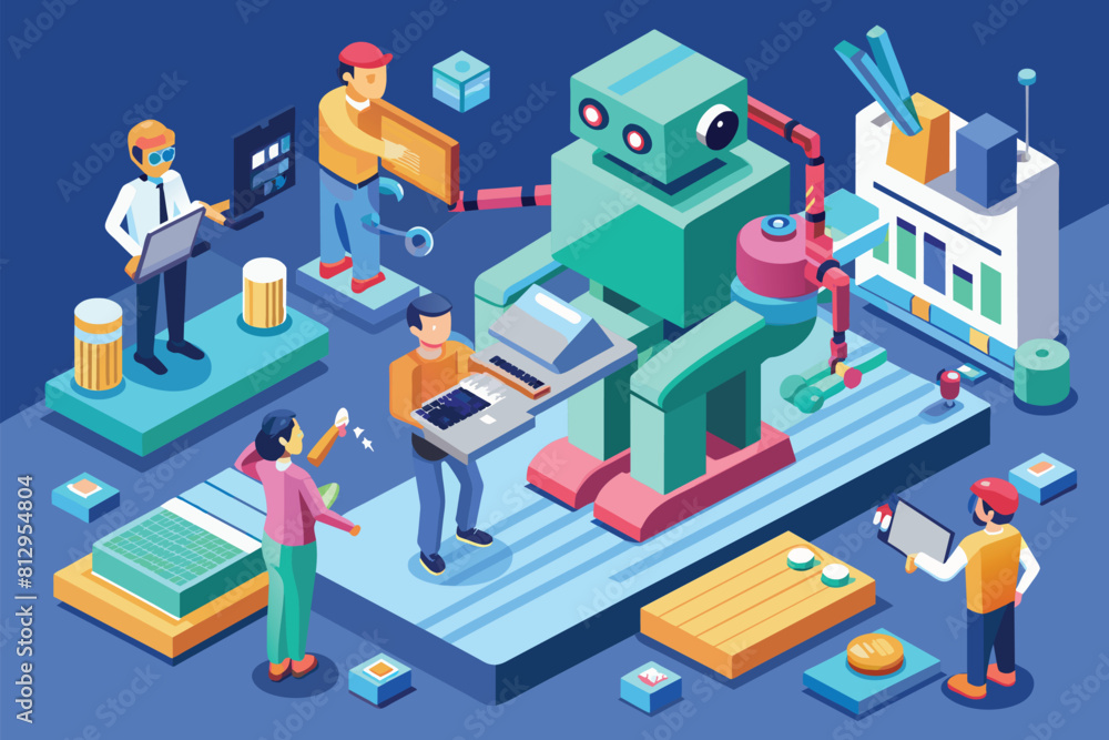 A group of individuals standing around a customizable isometric robot machine, discussing and planning its design, People creating robot Customizable Isometric Illustration A group of individuals standing around a customizable isometric robot machine, discussing and planning its design, People creating robot Customizable Isometric Illustration