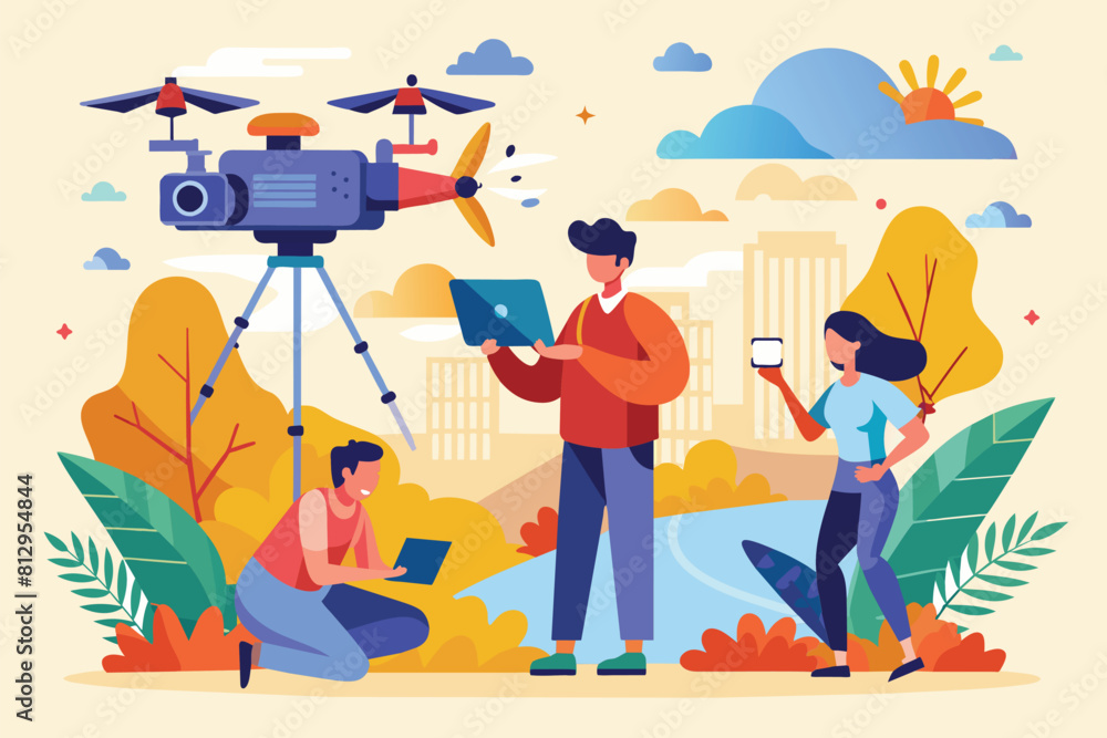 A man and a woman are focused on a laptop screen while another man records them using a camera, People filming with a drone Customizable Flat Illustration A man and a woman are focused on a laptop screen while another man records them using a camera, People filming with a drone Customizable Flat Illustration