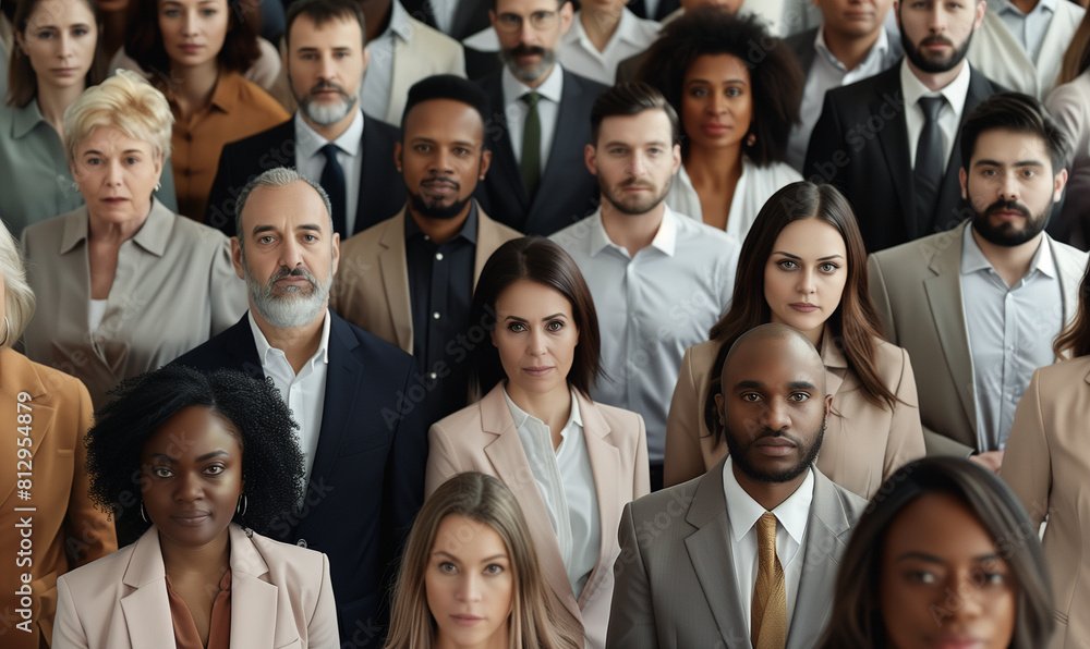 A group of people of different ethnicities and ages looking into the camera lens. A group of people of different ethnicities and ages looking into the camera lens.