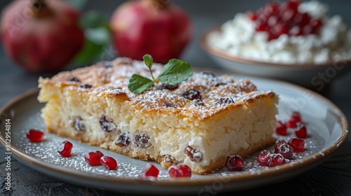 A plate with a piece of pastry pie with raisins, next to it lies cottage cheese sprinkled with pomegranate seeds.