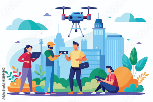 Diverse group of individuals standing together in front of a bustling cityscape, some holding a drone for filming, People filming with a drone Customizable Flat Illustration