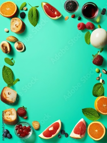 Frame made of different tasty candies on mint background  flat lay