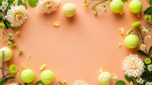 Orange banner background with tennis balls and pretty flowers, copy space, space for text,テニスボールと可愛い花、コピー スペースのあるオレンジのバナーの背景,コピースペース,テキスト用スペース,Generative AI,