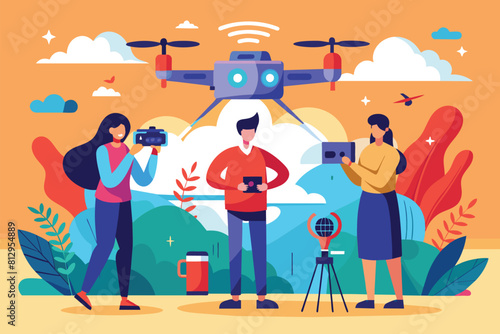 A group of individuals standing together, observing and interacting with a remote controlled helicopter in front of them, People filming with a drone Customizable Semi Flat Illustration