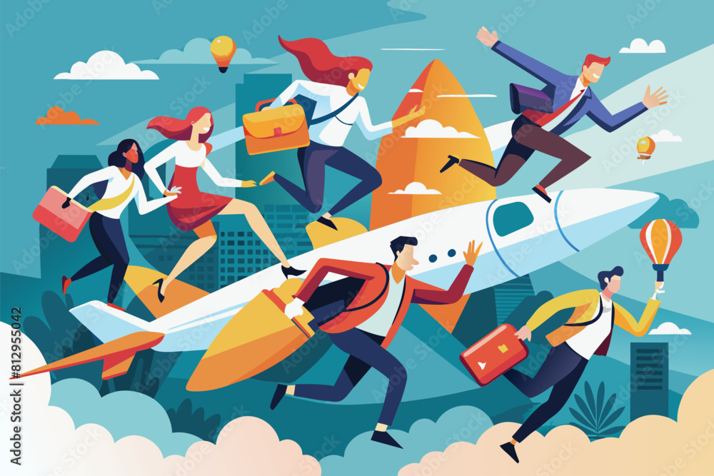 Fototapeta premium A group of people sitting on the roof of an airplane while it is flying in the sky, People flying Customizable Semi Flat Illustration